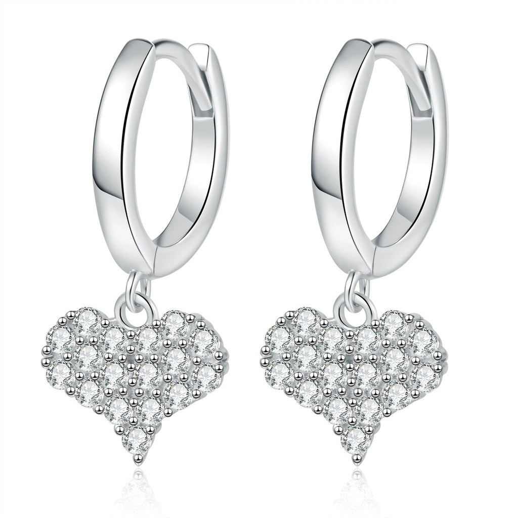 Heart Moissanite Hoop Drop Earrings in Gold-Plated S925 Sterling Silver on clean white background showing a small hoop with a pave heart-shaped moissanite dangle