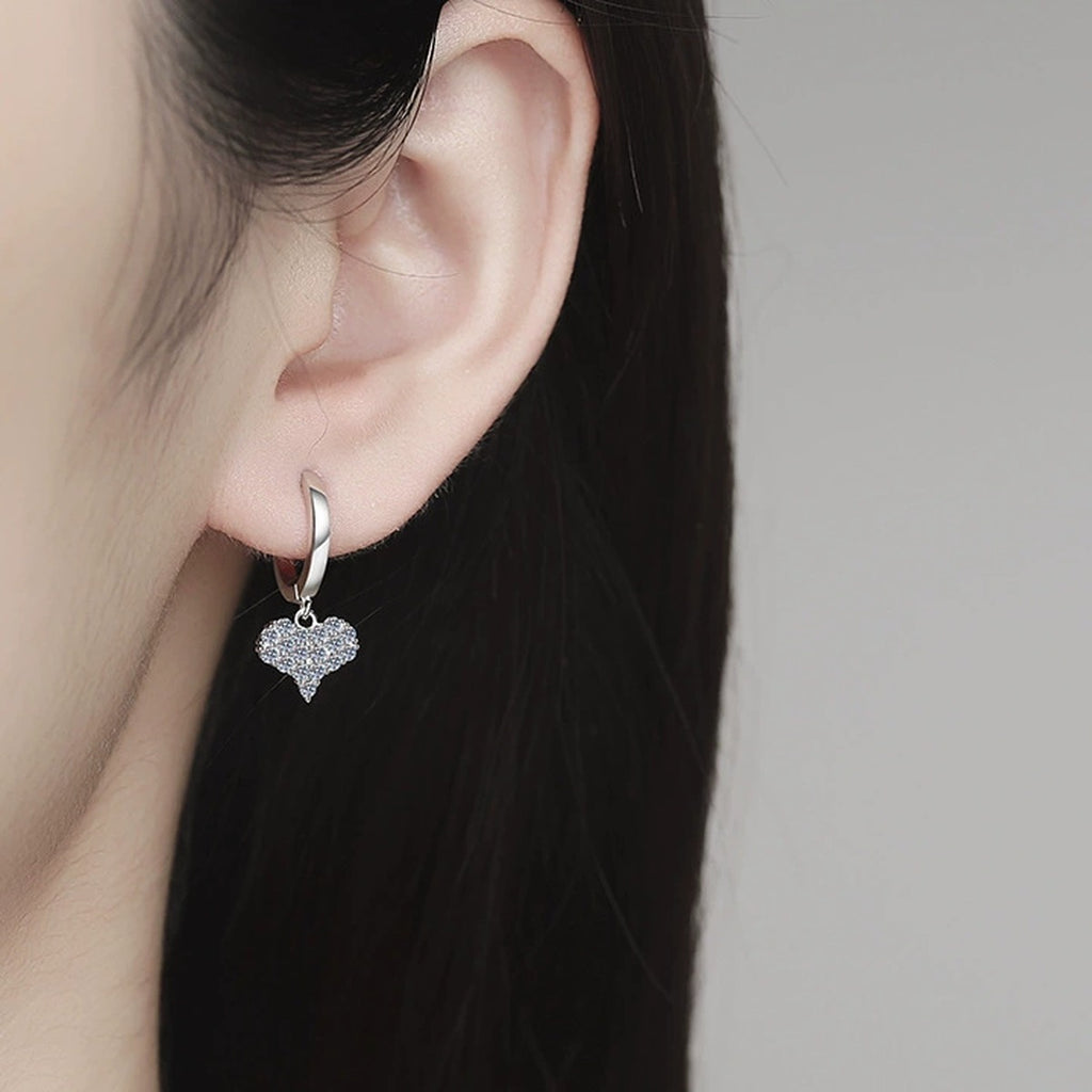 Heart Moissanite Hoop Drop Earrings in Gold-Plated S925 Sterling Silver worn on ear by model