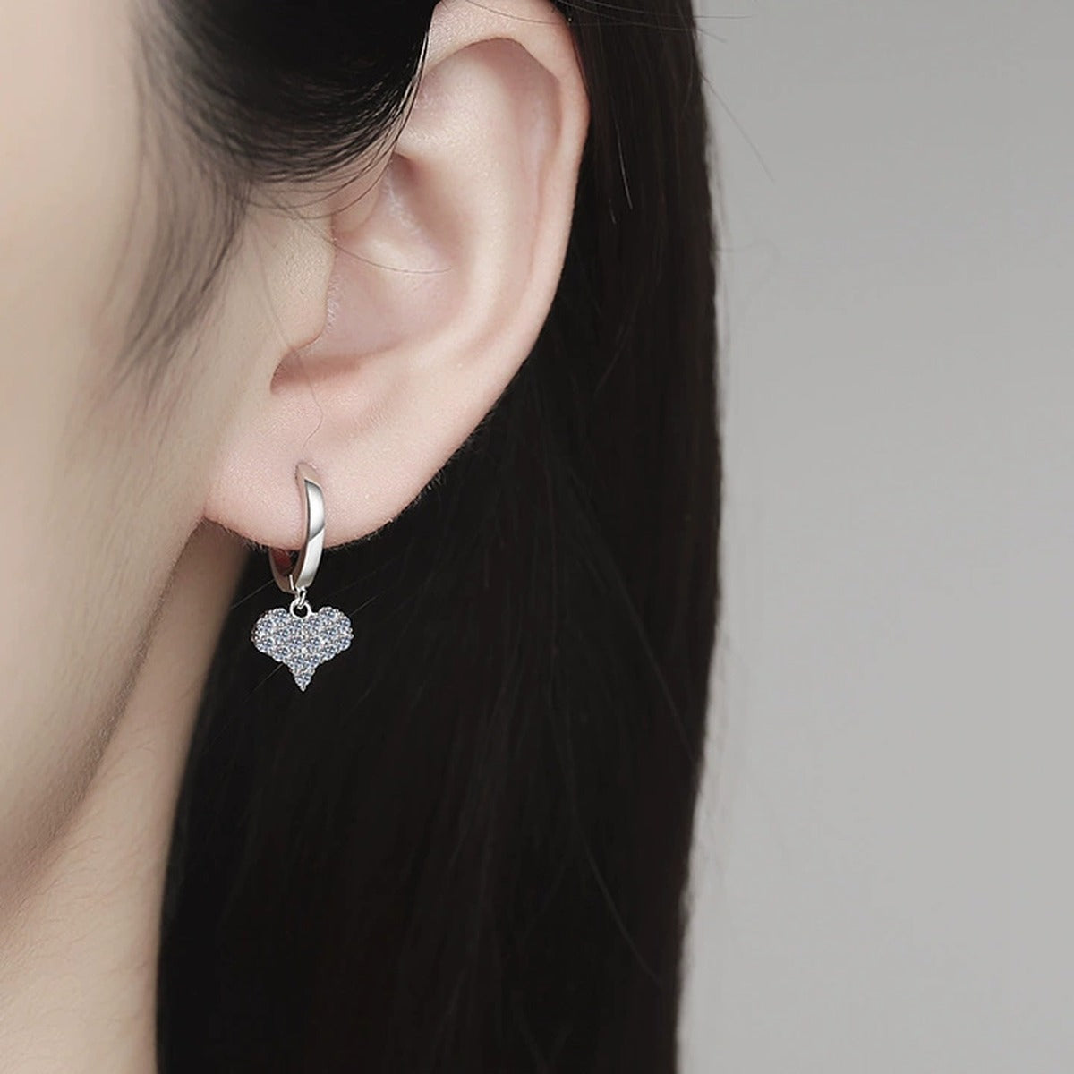Heart Moissanite Hoop Drop Earrings in Gold-Plated S925 Sterling Silver worn on ear by model