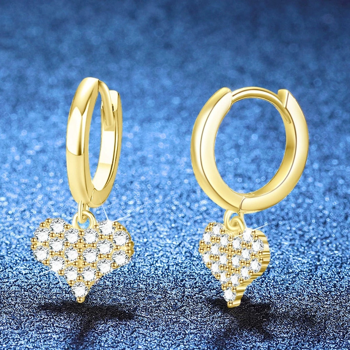 Heart Moissanite Hoop Drop Earrings in Gold-Plated S925 Sterling Silver blue scene product view