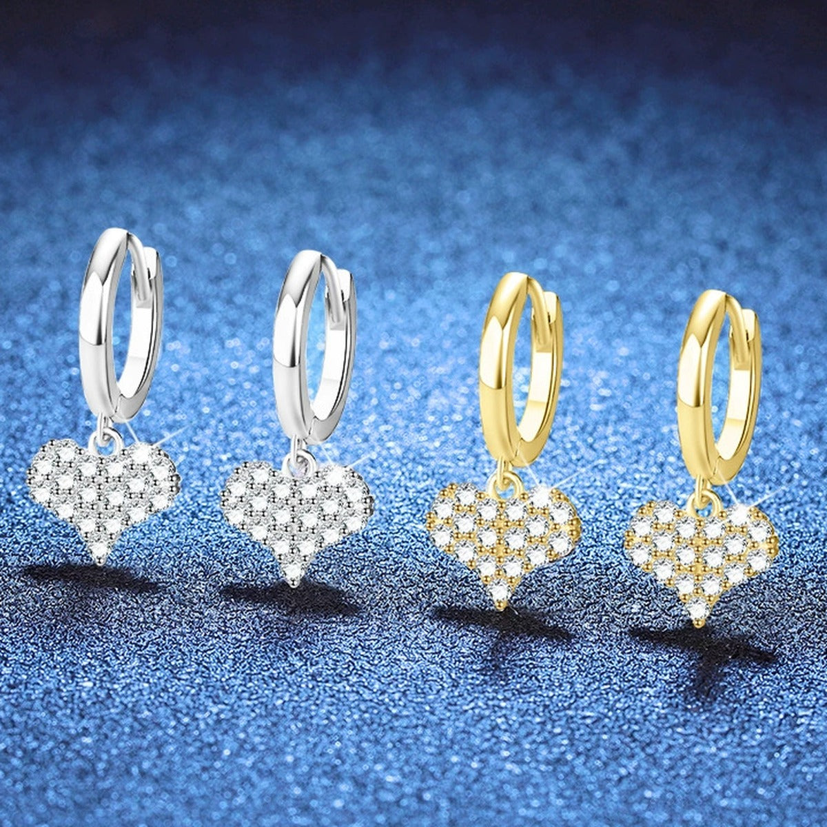 Heart Moissanite Hoop Drop Earrings in Gold-Plated S925 Sterling Silver blue scene angled view