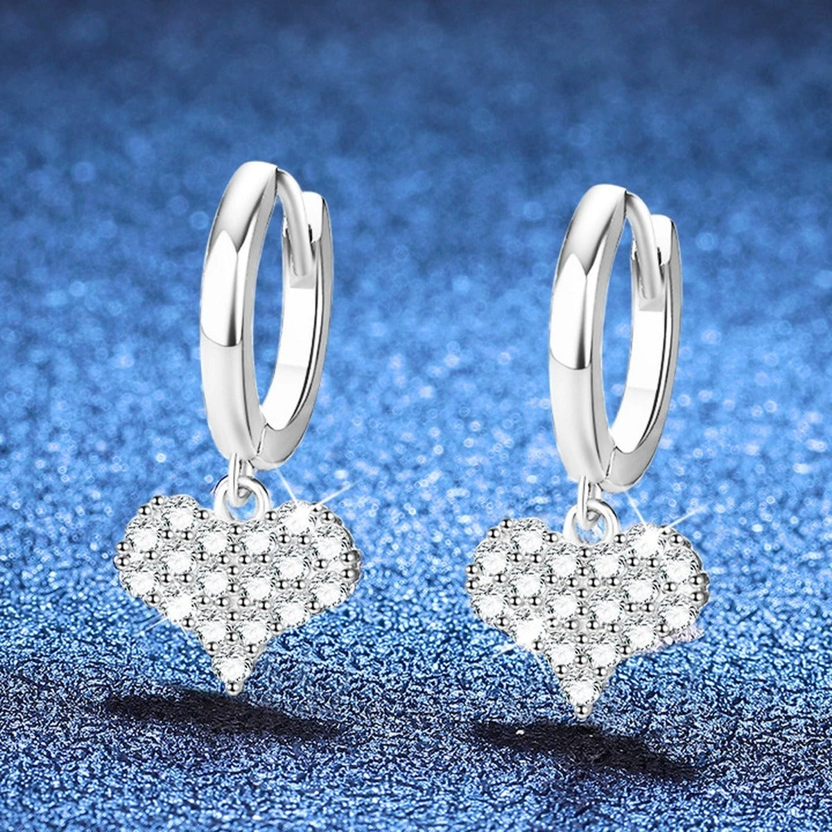 Heart Moissanite Hoop Drop Earrings in Gold-Plated S925 Sterling Silver blue scene close-up view