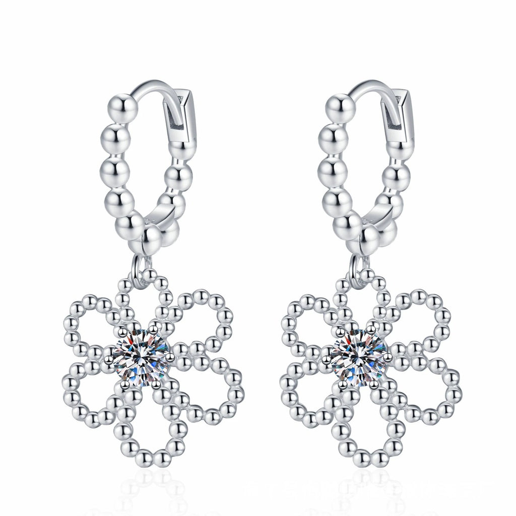 Floral Moissanite Hoop Drop Earrings in White Gold-Plated S925 Sterling Silver on clean white background showing a beaded hoop with an open flower moissanite dangle