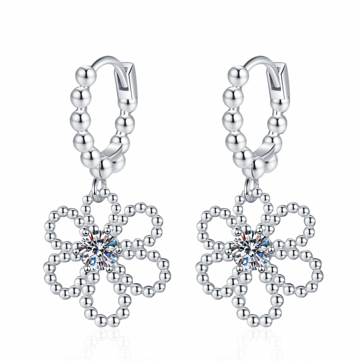 Floral Moissanite Hoop Drop Earrings in White Gold-Plated S925 Sterling Silver on clean white background showing a beaded hoop with an open flower moissanite dangle