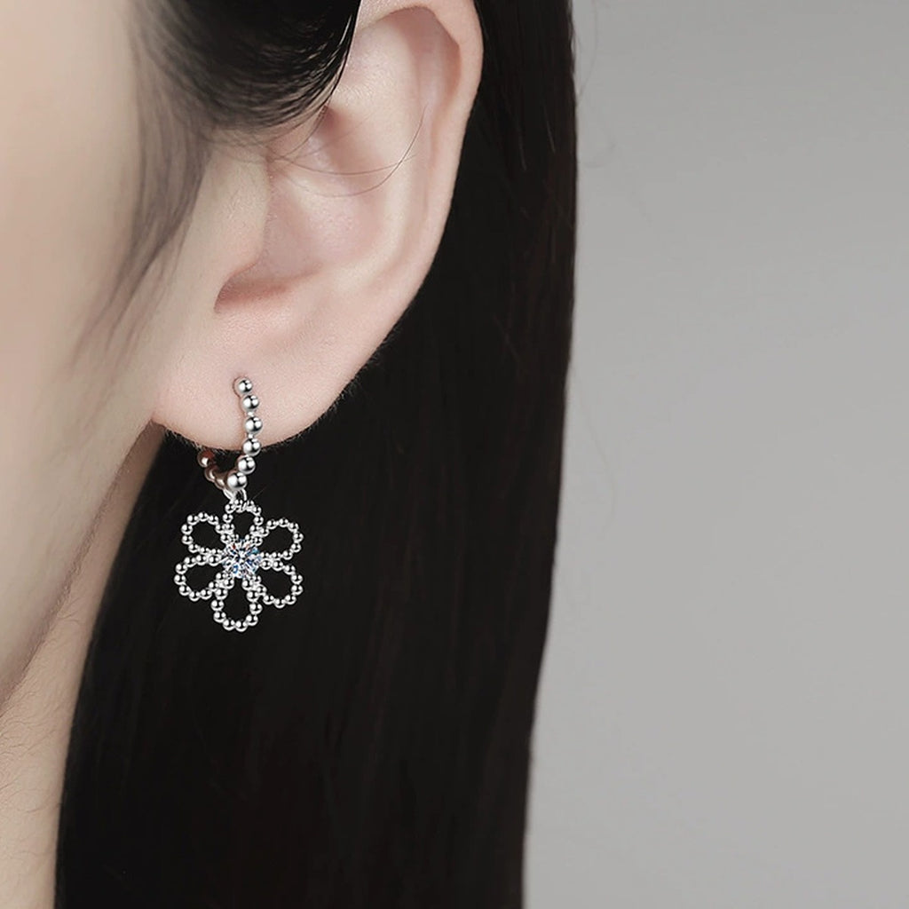 Floral Moissanite Hoop Drop Earrings in White Gold-Plated S925 Sterling Silver worn on ear by model