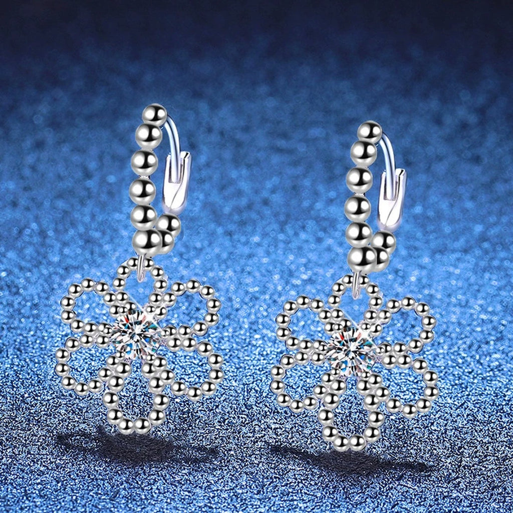 Floral Moissanite Hoop Drop Earrings in White Gold-Plated S925 Sterling Silver blue scene product view