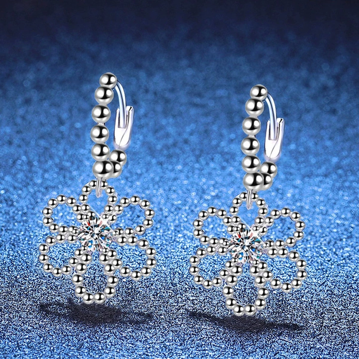 Floral Moissanite Hoop Drop Earrings in White Gold-Plated S925 Sterling Silver blue scene product view