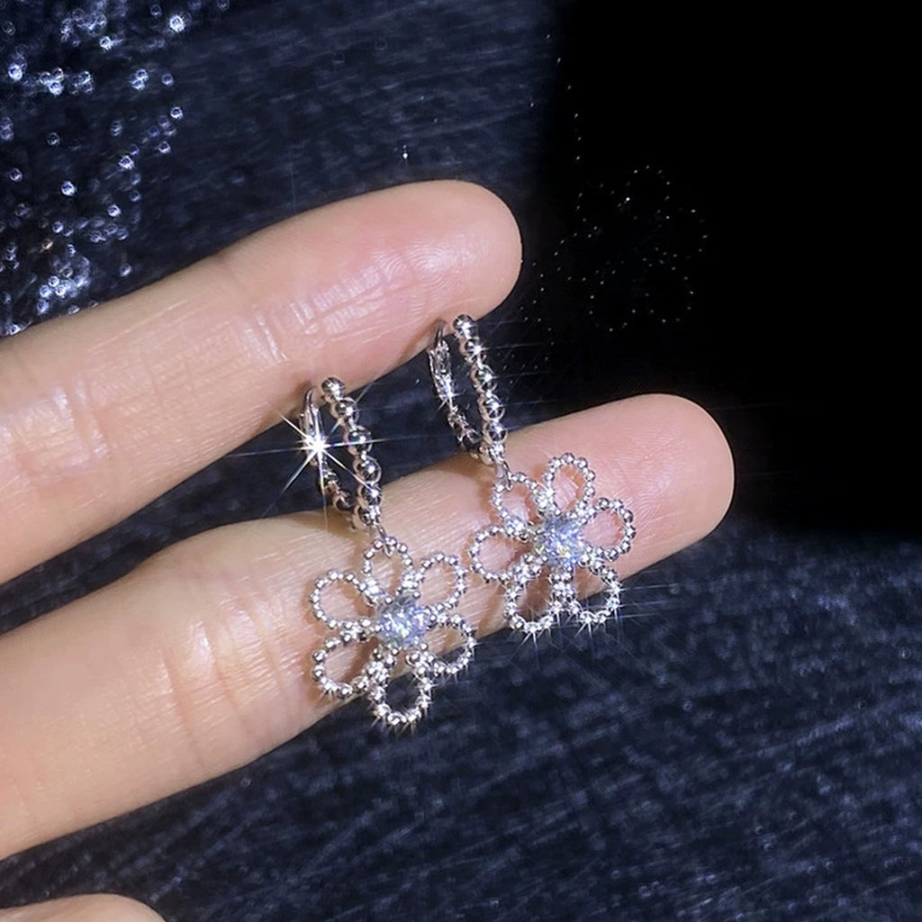 Floral Moissanite Hoop Drop Earrings in White Gold-Plated S925 Sterling Silver close-up product detail view