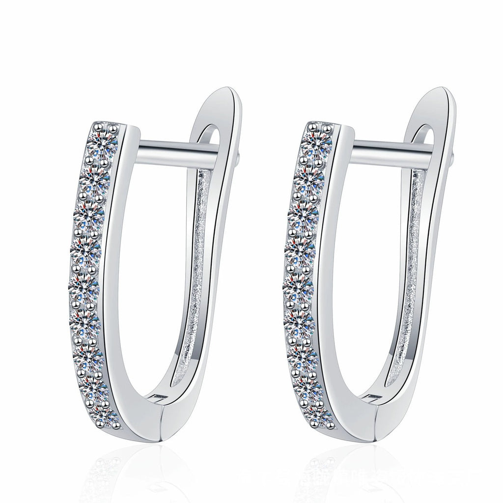 Pave Moissanite Hoop Earrings in White Gold-Plated S925 Sterling Silver on clean white background showing a slim oval hoop with pave moissanite set along the front edge