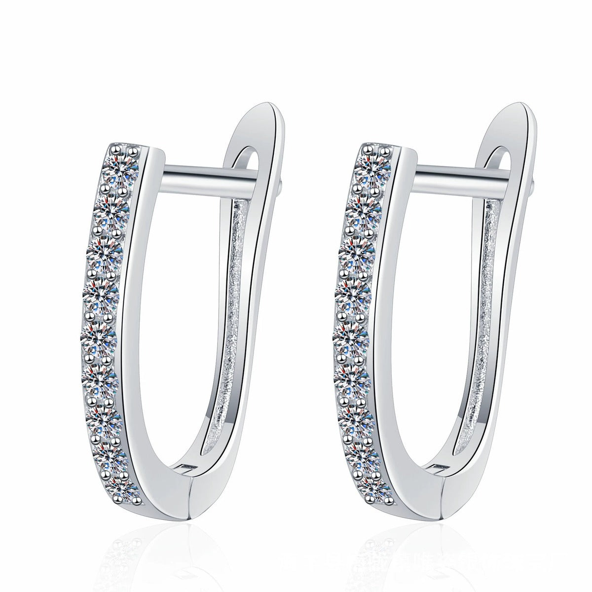 Pave Moissanite Hoop Earrings in White Gold-Plated S925 Sterling Silver on clean white background showing a slim oval hoop with pave moissanite set along the front edge