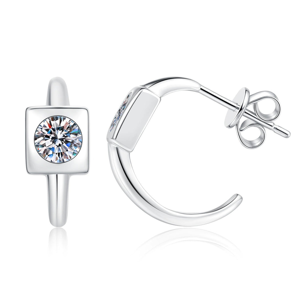 Square Halo Moissanite Hoop Earrings in White Gold-Plated S925 Sterling Silver on clean white background showing a small hoop with a square halo moissanite front detail