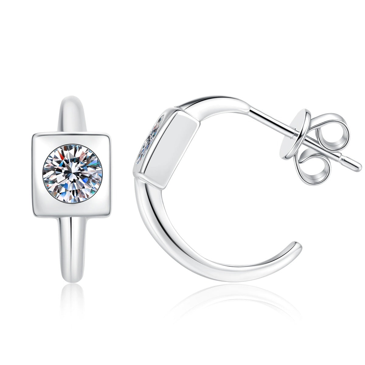 Square Halo Moissanite Hoop Earrings in White Gold-Plated S925 Sterling Silver on clean white background showing a small hoop with a square halo moissanite front detail