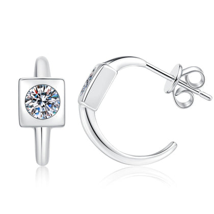 Square Halo Moissanite Hoop Earrings in White Gold-Plated S925 Sterling Silver on clean white background showing a small hoop with a square halo moissanite front detail