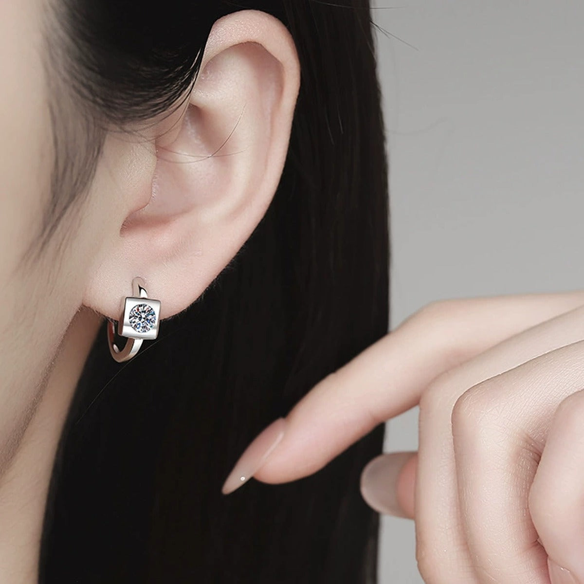 Square Halo Moissanite Hoop Earrings in White Gold-Plated S925 Sterling Silver worn on ear by model