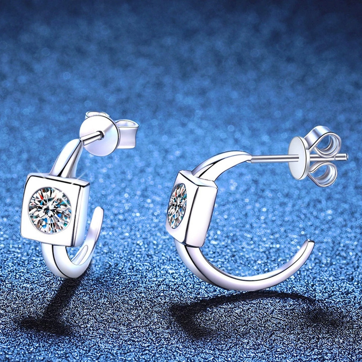 Square Halo Moissanite Hoop Earrings in White Gold-Plated S925 Sterling Silver blue scene product view