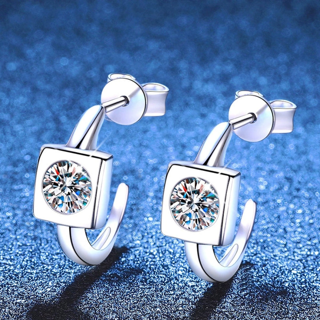 Square Halo Moissanite Hoop Earrings in White Gold-Plated S925 Sterling Silver blue scene angled view