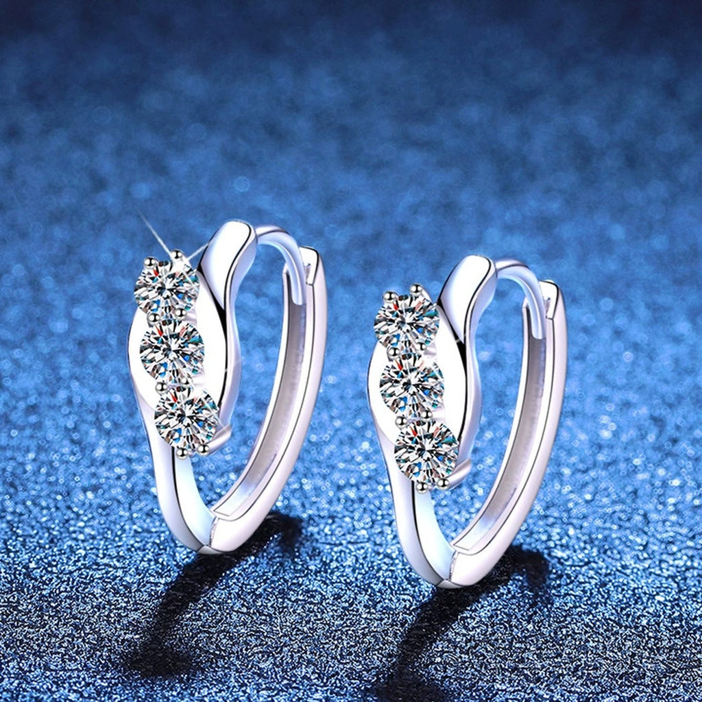 Pave Moissanite Hoop Earrings in White Gold-Plated S925 Sterling Silver blue scene angled view
