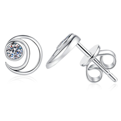 Moon Moissanite Stud Earrings in White Gold-Plated S925 Sterling Silver on clean white background showing a crescent moon stud wrapped around a round moissanite center