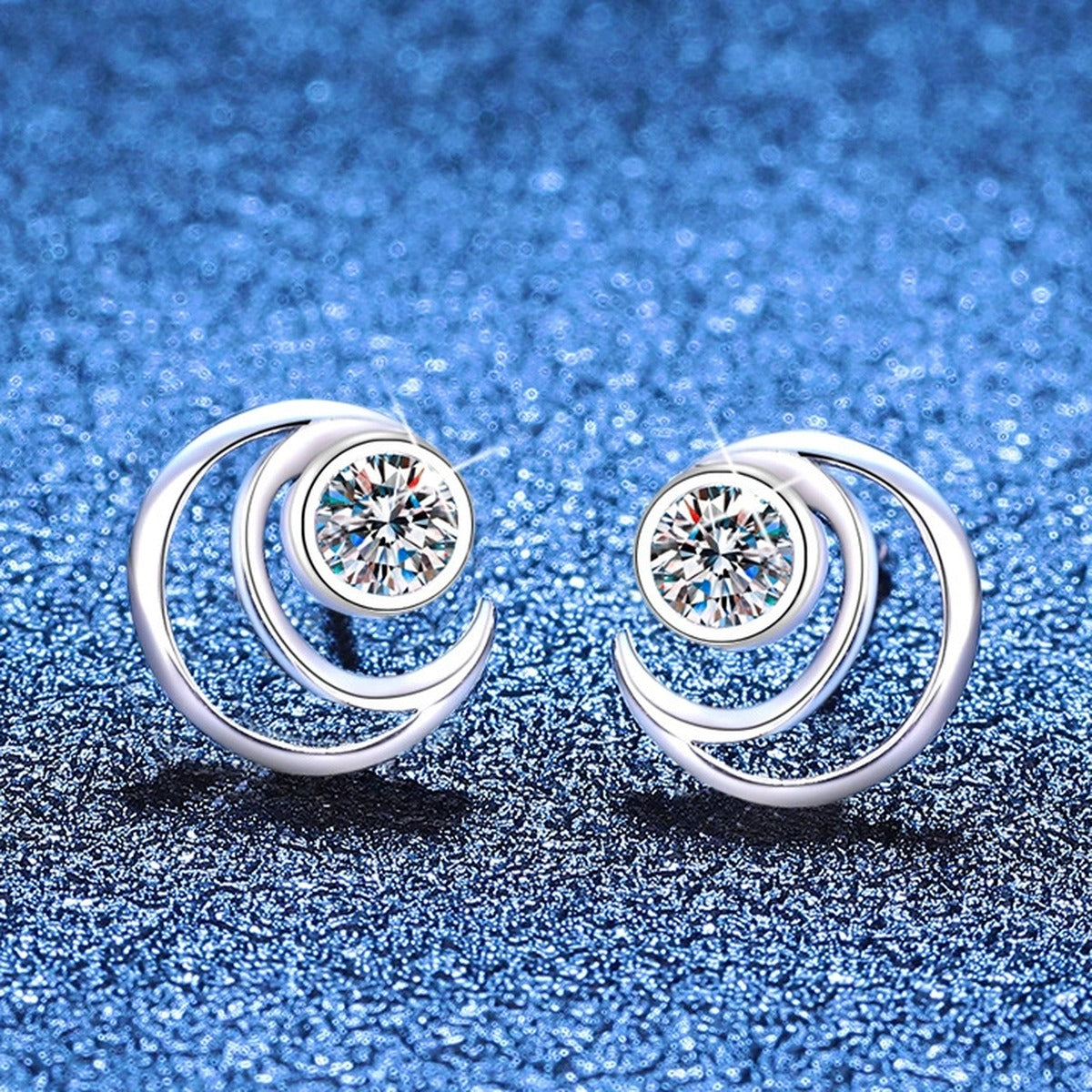 Moon Moissanite Stud Earrings in White Gold-Plated S925 Sterling Silver blue scene product view