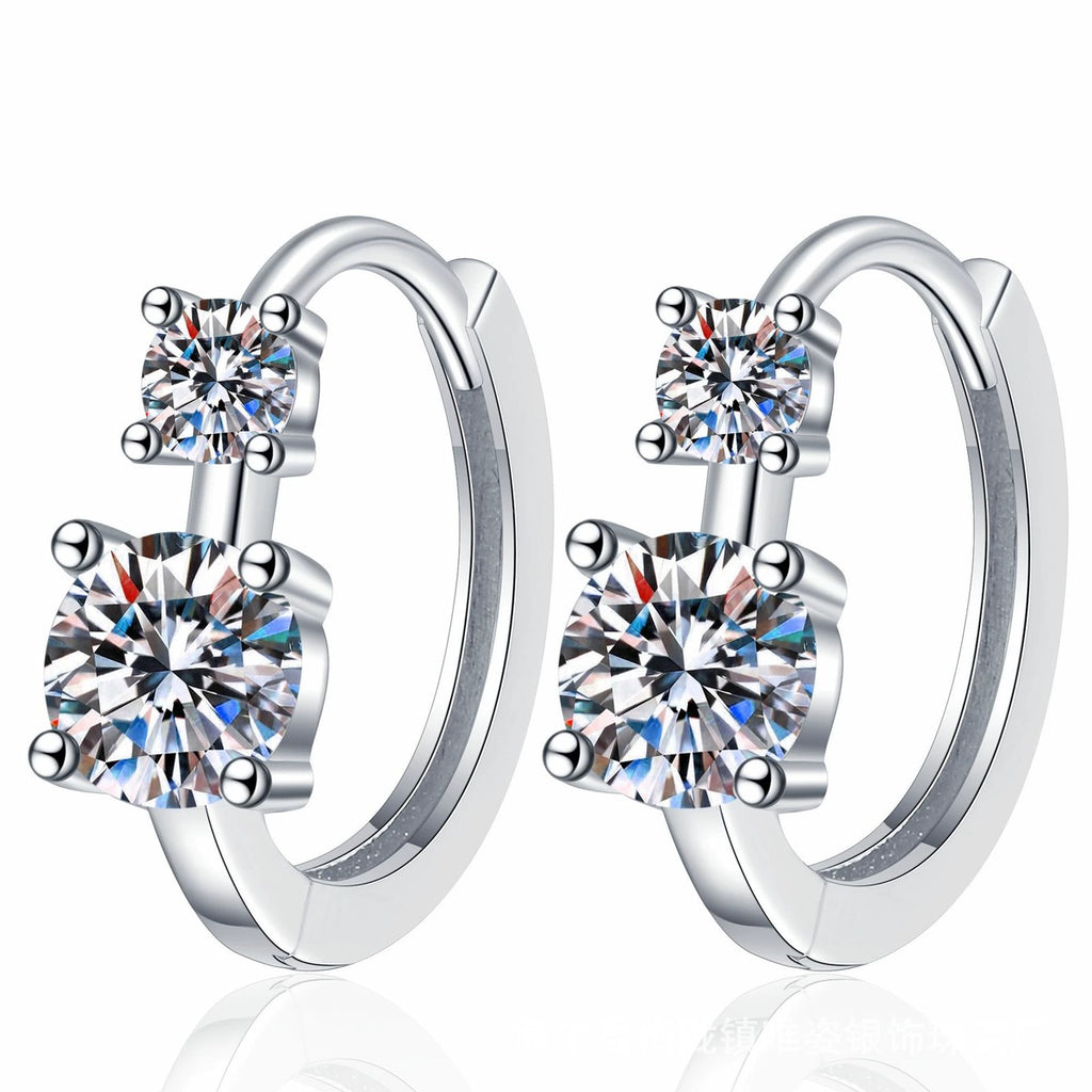 Two-Stone Moissanite Hoop Earrings in White Gold-Plated S925 Sterling Silver on clean white background showing a hoop earring with two round moissanite stones set along the front
