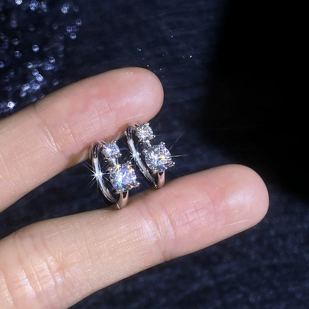 Two-Stone Moissanite Hoop Earrings in White Gold-Plated S925 Sterling Silver close-up product detail view