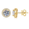 Round Halo Moissanite Stud Earrings with CZ in Yellow Gold-Plated S925 Sterling Silver on clean white background showing a round halo stud finished in yellow gold with a raised moissanite center