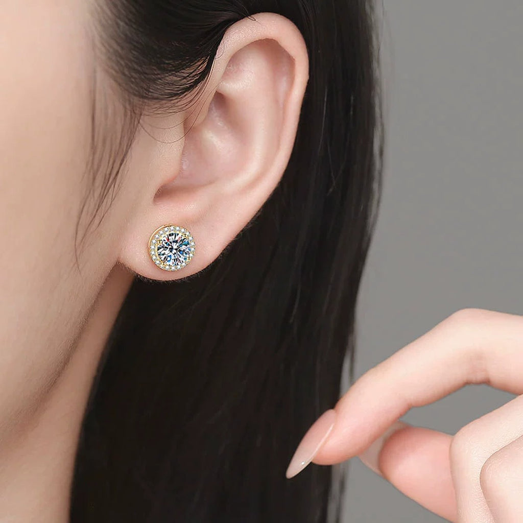 Round Halo Moissanite Stud Earrings with CZ in Yellow Gold-Plated S925 Sterling Silver worn on ear by model