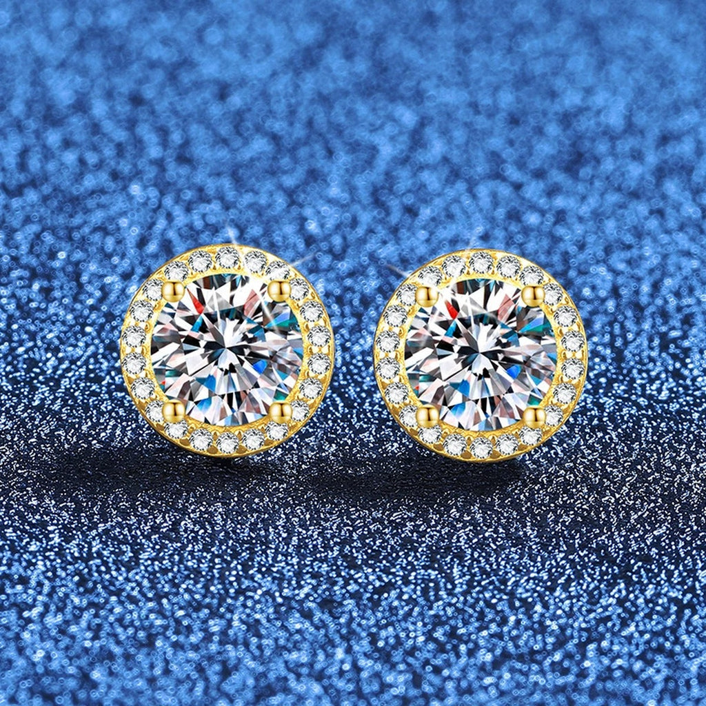Round Halo Moissanite Stud Earrings with CZ in Yellow Gold-Plated S925 Sterling Silver blue scene product view