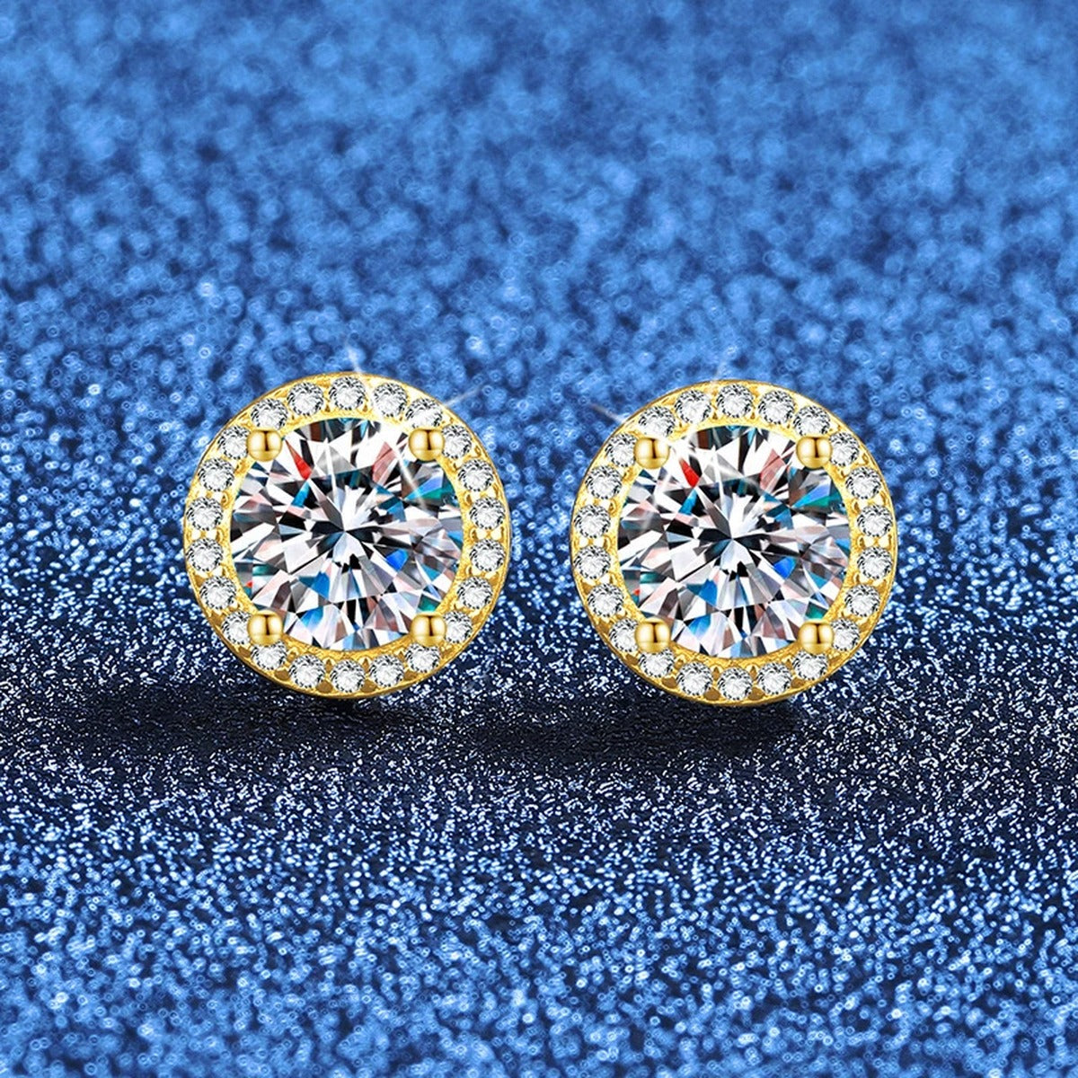 Round Halo Moissanite Stud Earrings with CZ in Yellow Gold-Plated S925 Sterling Silver blue scene product view