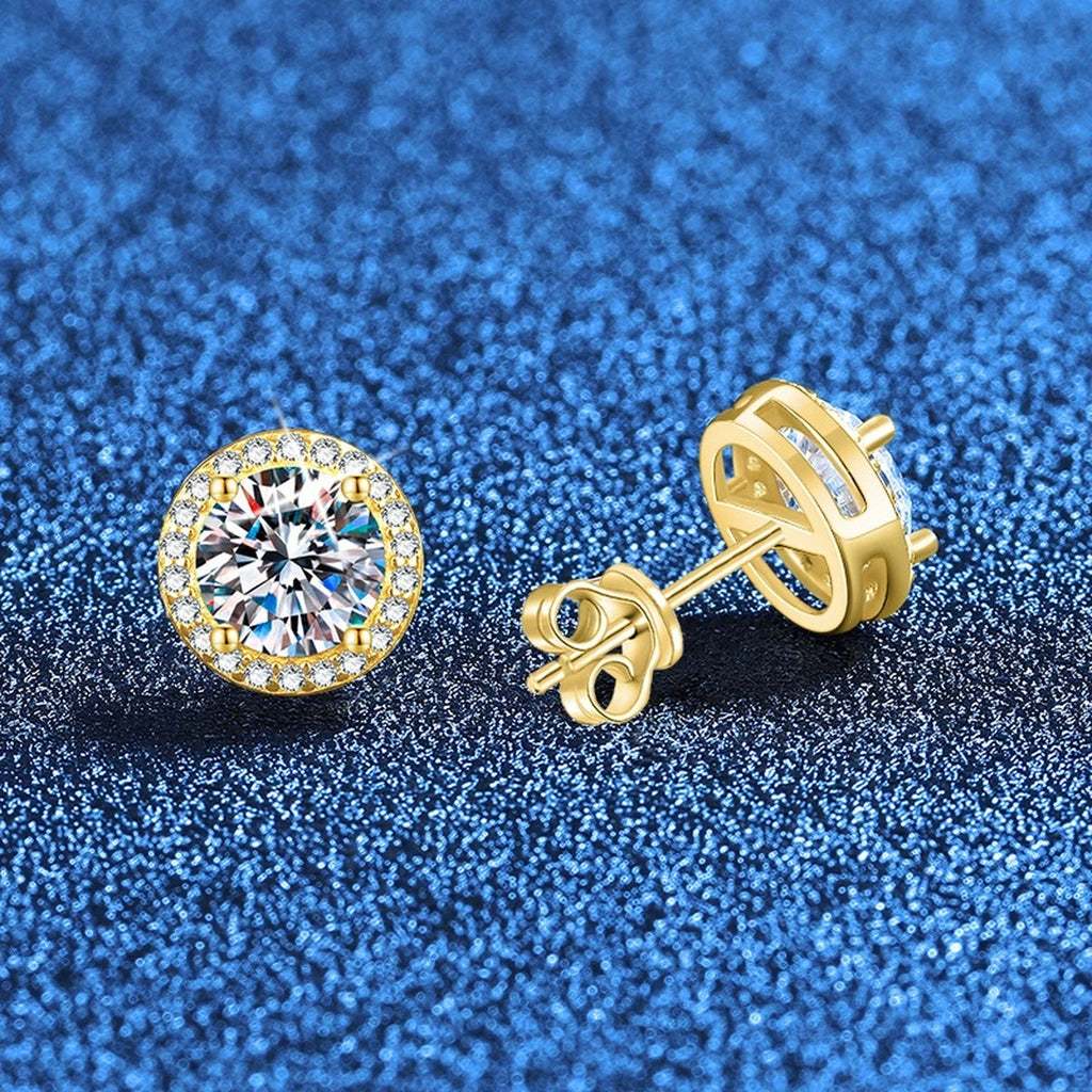 Round Halo Moissanite Stud Earrings with CZ in Yellow Gold-Plated S925 Sterling Silver blue scene angled view