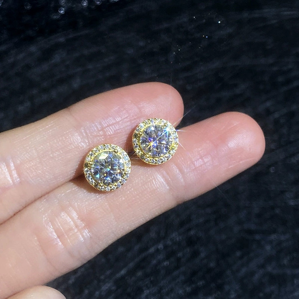 Round Halo Moissanite Stud Earrings with CZ in Yellow Gold-Plated S925 Sterling Silver close-up product detail view