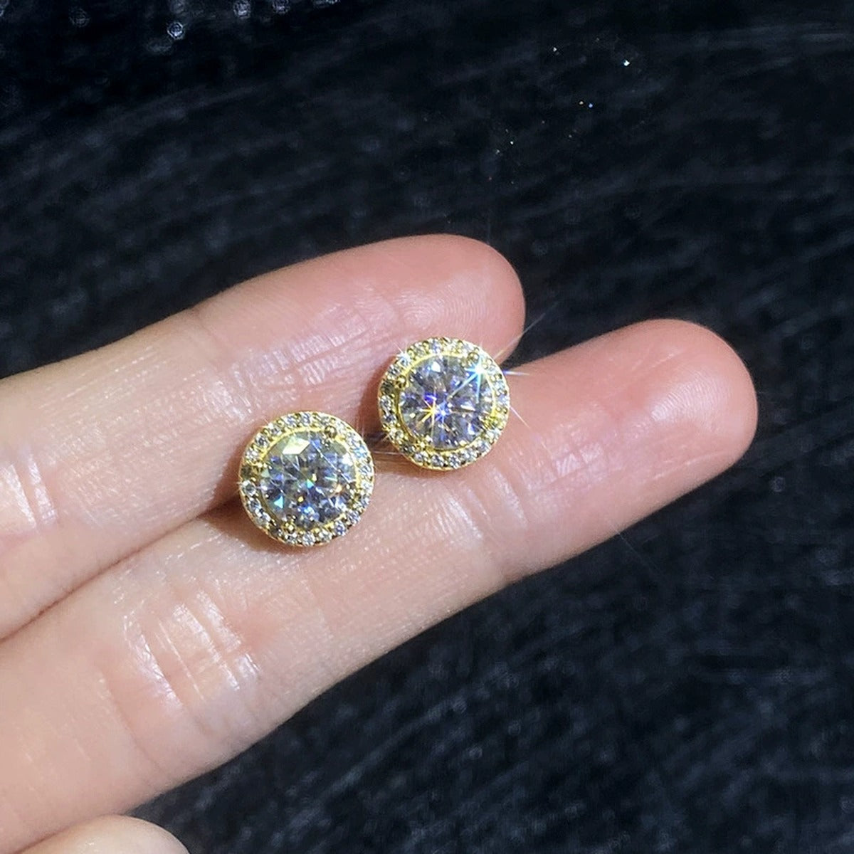 Round Halo Moissanite Stud Earrings with CZ in Yellow Gold-Plated S925 Sterling Silver close-up product detail view