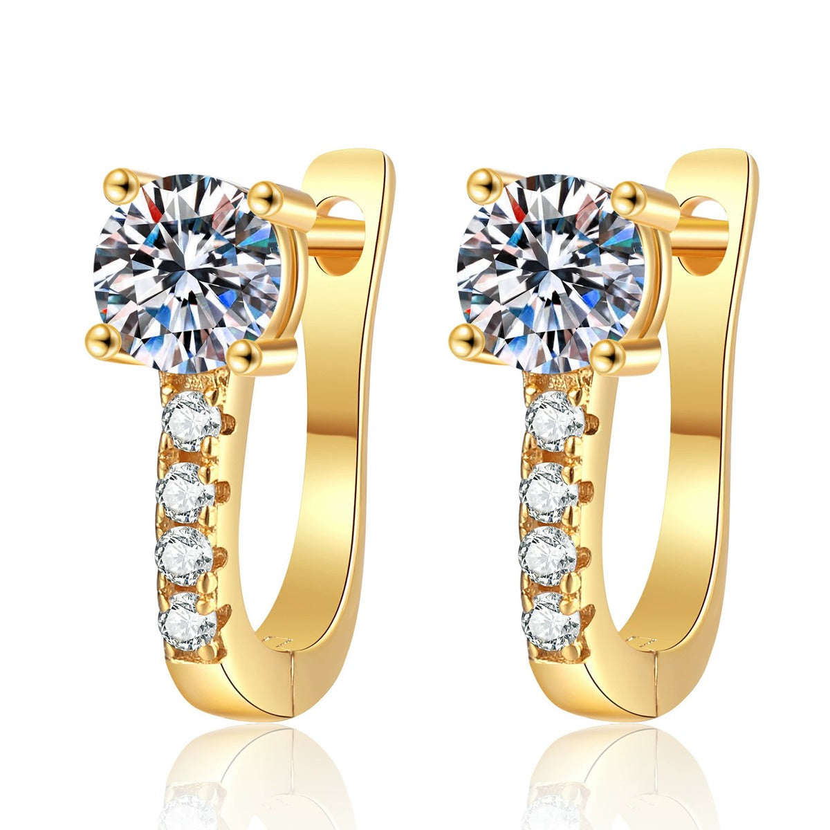 Round Moissanite Huggie Hoop Earrings with CZ in Yellow Gold-Plated S925 Sterling Silver on clean white background showing a yellow gold huggie hoop with a round moissanite top and CZ trail