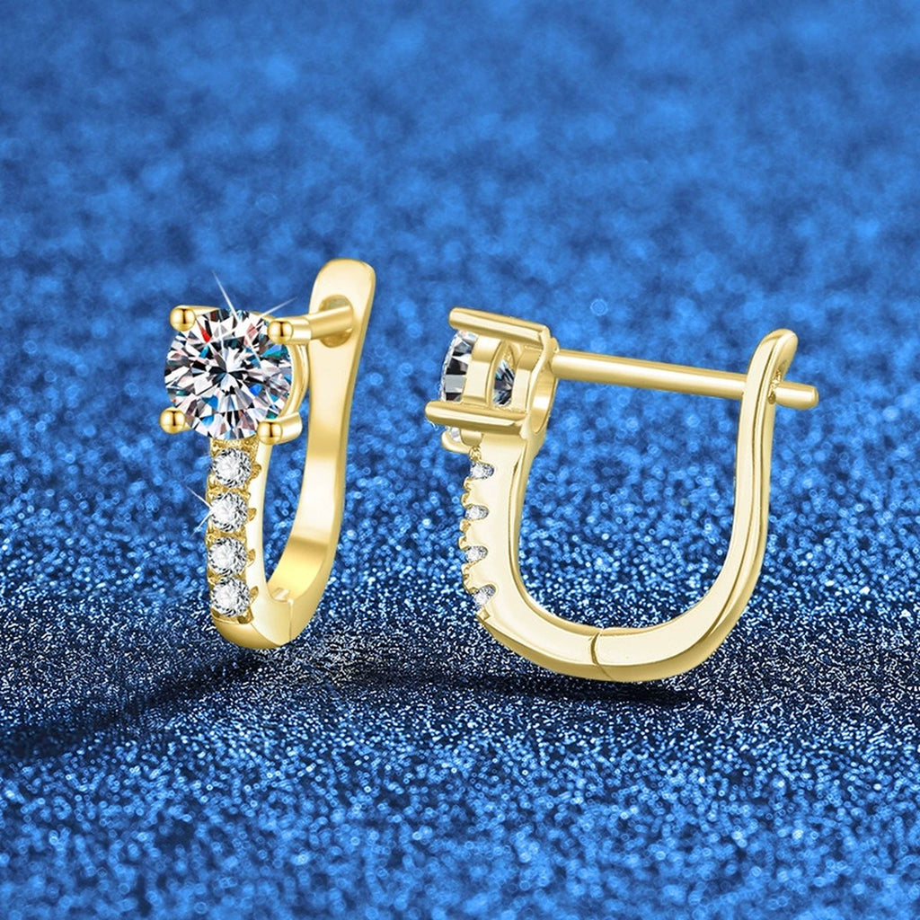 Round Moissanite Huggie Hoop Earrings with CZ in Yellow Gold-Plated S925 Sterling Silver blue scene product view