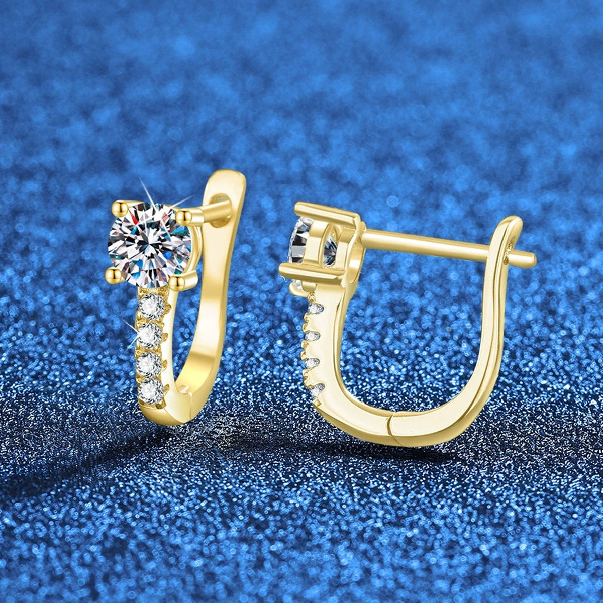 Round Moissanite Huggie Hoop Earrings with CZ in Yellow Gold-Plated S925 Sterling Silver blue scene product view