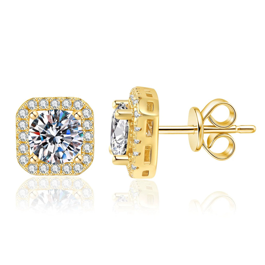 Cushion Halo Moissanite Stud Earrings with CZ in Yellow Gold-Plated S925 Sterling Silver on clean white background showing a yellow gold cushion halo stud with a round moissanite center