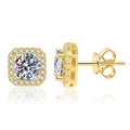 Cushion Halo Moissanite Stud Earrings with CZ in Yellow Gold-Plated S925 Sterling Silver on clean white background showing a yellow gold cushion halo stud with a round moissanite center