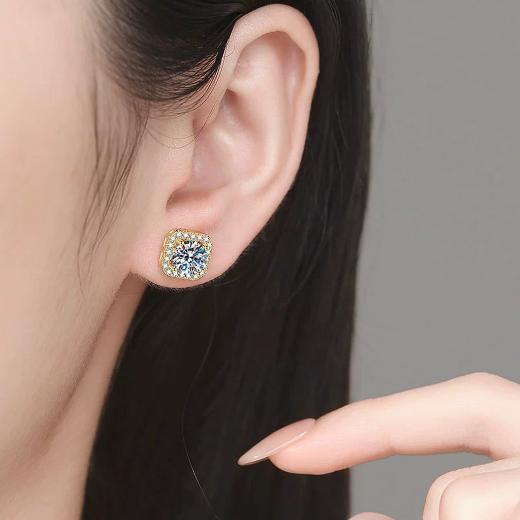 Cushion Halo Moissanite Stud Earrings with CZ in Yellow Gold-Plated S925 Sterling Silver worn on ear by model