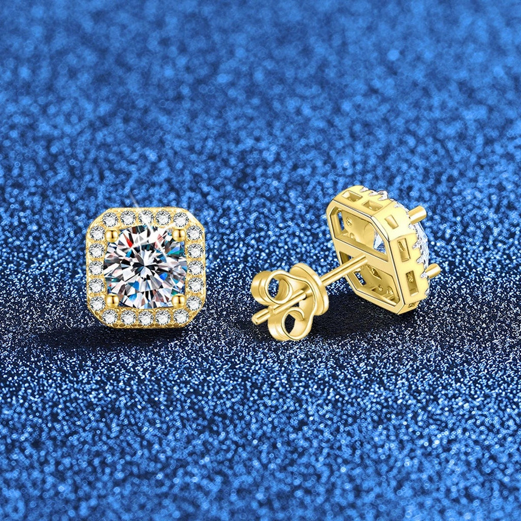 Cushion Halo Moissanite Stud Earrings with CZ in Yellow Gold-Plated S925 Sterling Silver blue scene product view