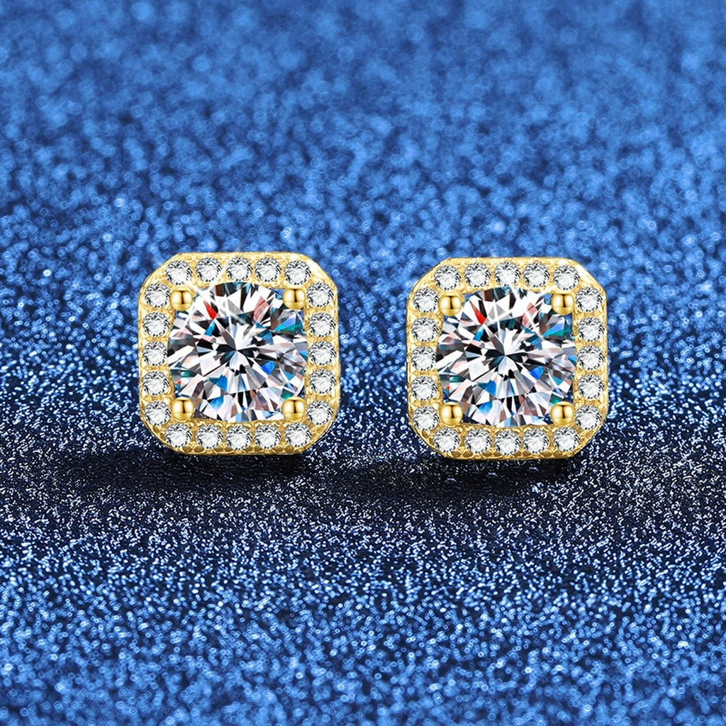 Cushion Halo Moissanite Stud Earrings with CZ in Yellow Gold-Plated S925 Sterling Silver blue scene angled view