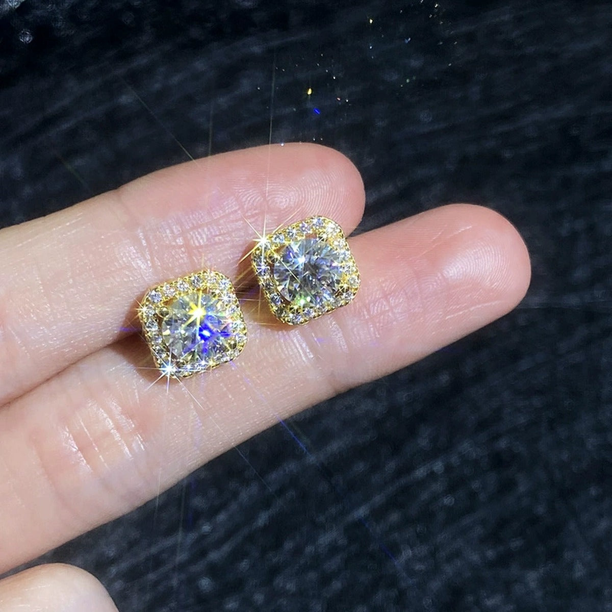 Cushion Halo Moissanite Stud Earrings with CZ in Yellow Gold-Plated S925 Sterling Silver close-up product detail view
