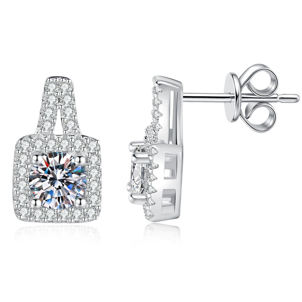 Tapered Halo Moissanite Stud Earrings with CZ in White Gold-Plated S925 Sterling Silver on clean white background showing a tapered geometric stud with a round moissanite center