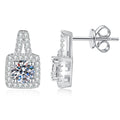 Tapered Halo Moissanite Stud Earrings with CZ in White Gold-Plated S925 Sterling Silver on clean white background showing a tapered geometric stud with a round moissanite center