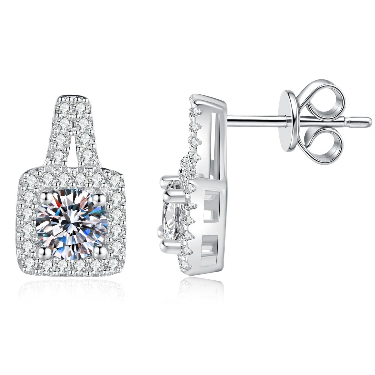 Tapered Halo Moissanite Stud Earrings with CZ in White Gold-Plated S925 Sterling Silver on clean white background showing a tapered geometric stud with a round moissanite center