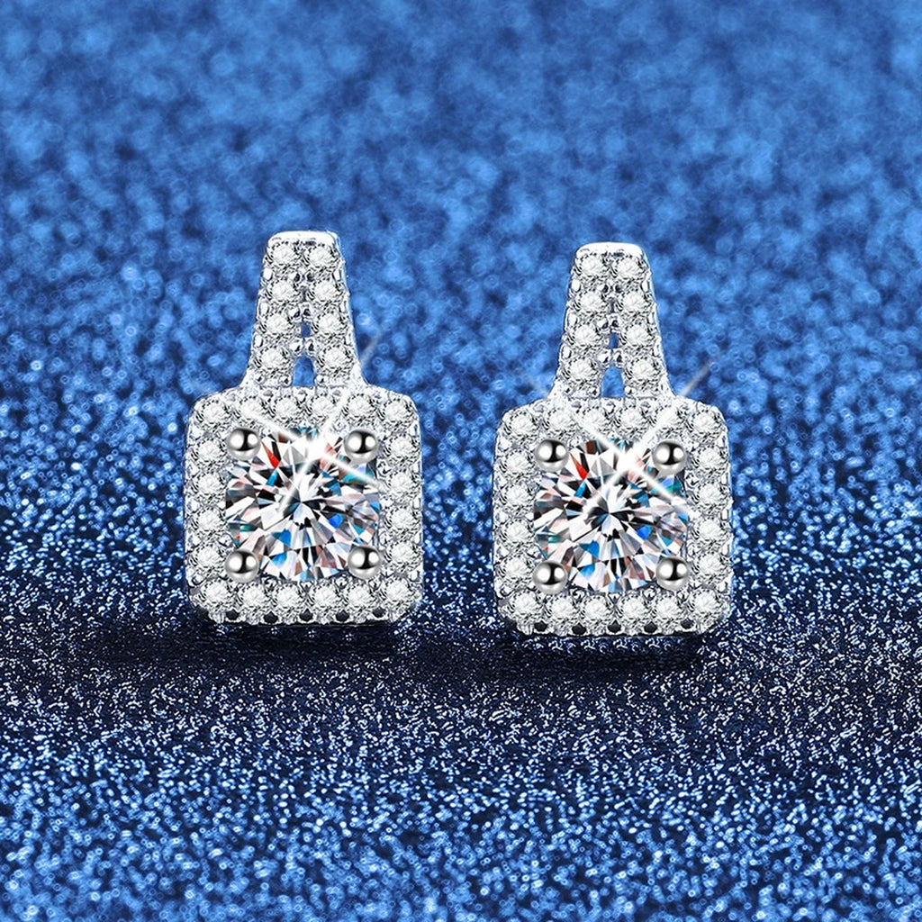 Tapered Halo Moissanite Stud Earrings with CZ in White Gold-Plated S925 Sterling Silver blue scene product view