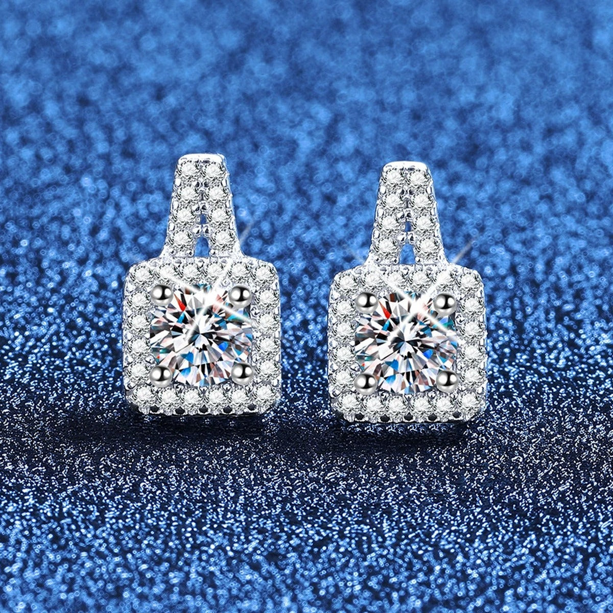 Tapered Halo Moissanite Stud Earrings with CZ in White Gold-Plated S925 Sterling Silver blue scene product view