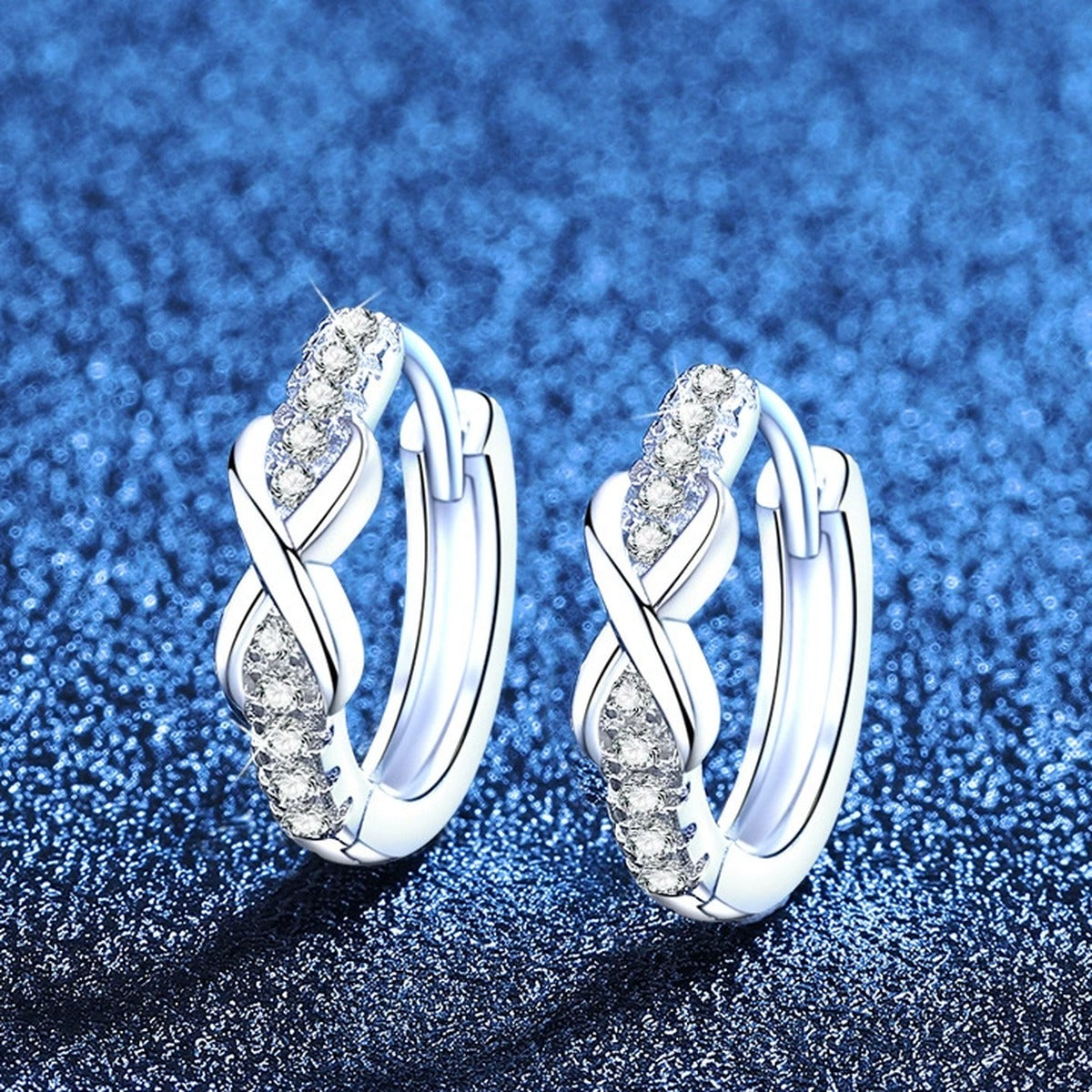 Twisted Pave Moissanite Hoop Earrings in White Gold-Plated S925 Sterling Silver blue scene product view