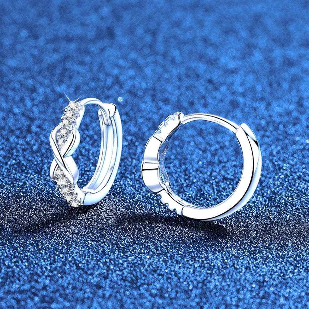 Twisted Pave Moissanite Hoop Earrings in White Gold-Plated S925 Sterling Silver blue scene angled view