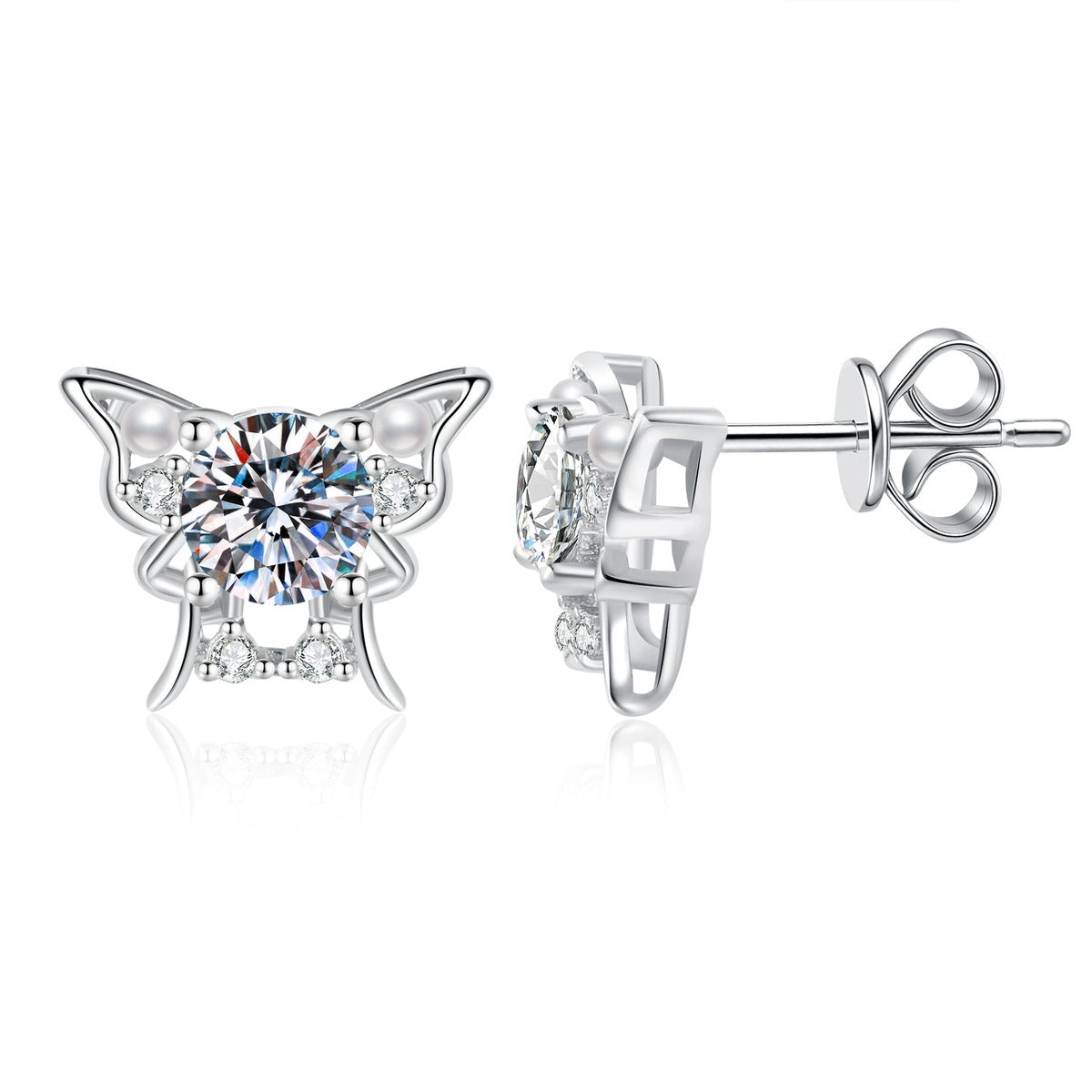 Bow Moissanite Stud Earrings with CZ in White Gold-Plated S925 Sterling Silver on clean white background showing a bow-shaped stud with a round moissanite center