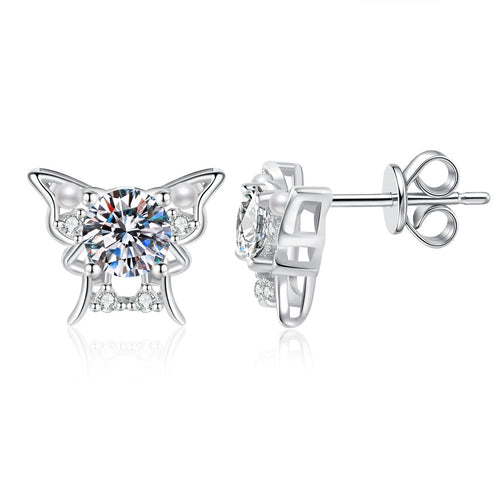 Bow Moissanite Stud Earrings with CZ in White Gold-Plated S925 Sterling Silver on clean white background showing a bow-shaped stud with a round moissanite center